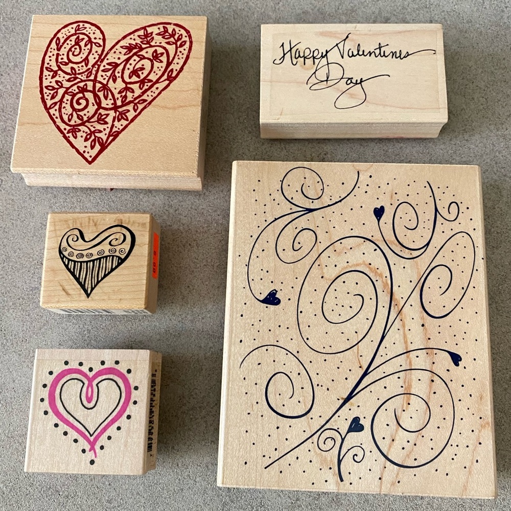 5 Wood Block Rubber Stamps Hearts Valentines Set